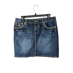 Y2K Style Blue Denim Mini Skirt Rhinestone Embellished Size 8 Medium Stretchy